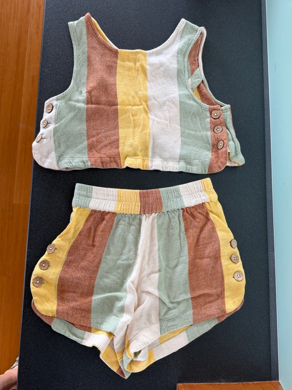 Rip Curl Multi-Stripe High-Waist Shorts Set in Sage, Mustard, Rust & Cream